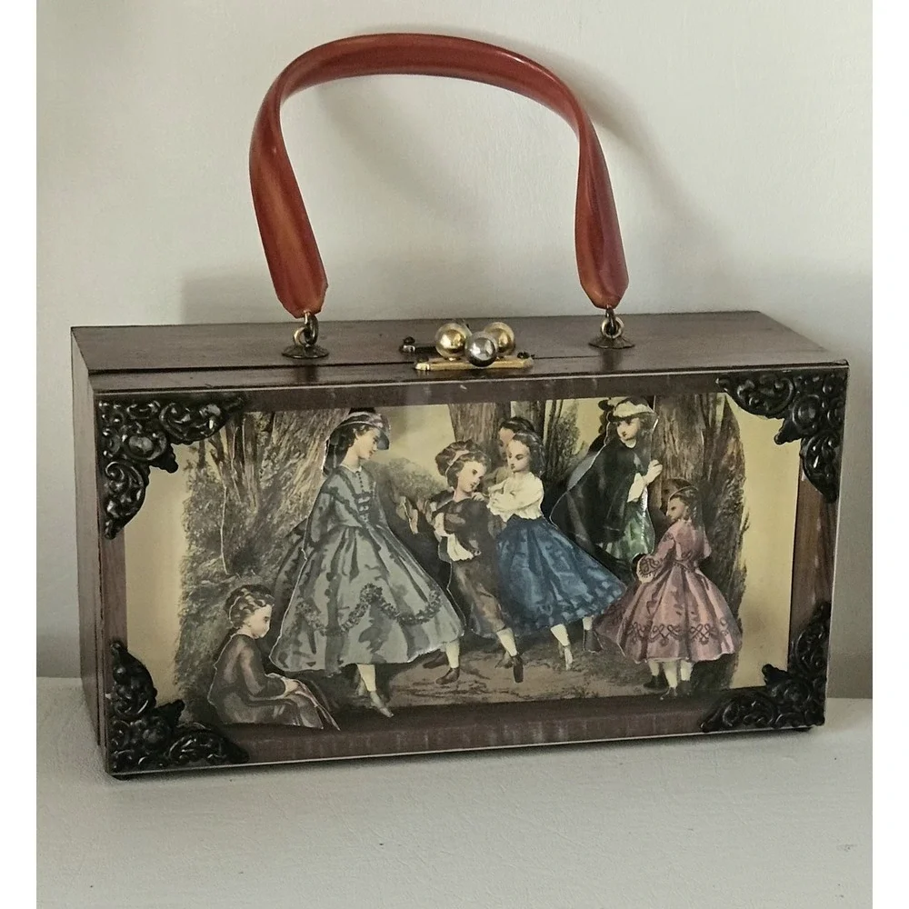Vintage Wooden 3D  Decoupage Decorative Keepsake Box Purse 1960s/70's
